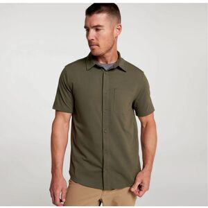 VRST Men's Refined Knit Short Sleeve Button Up Collared Shirt olive green M NWT